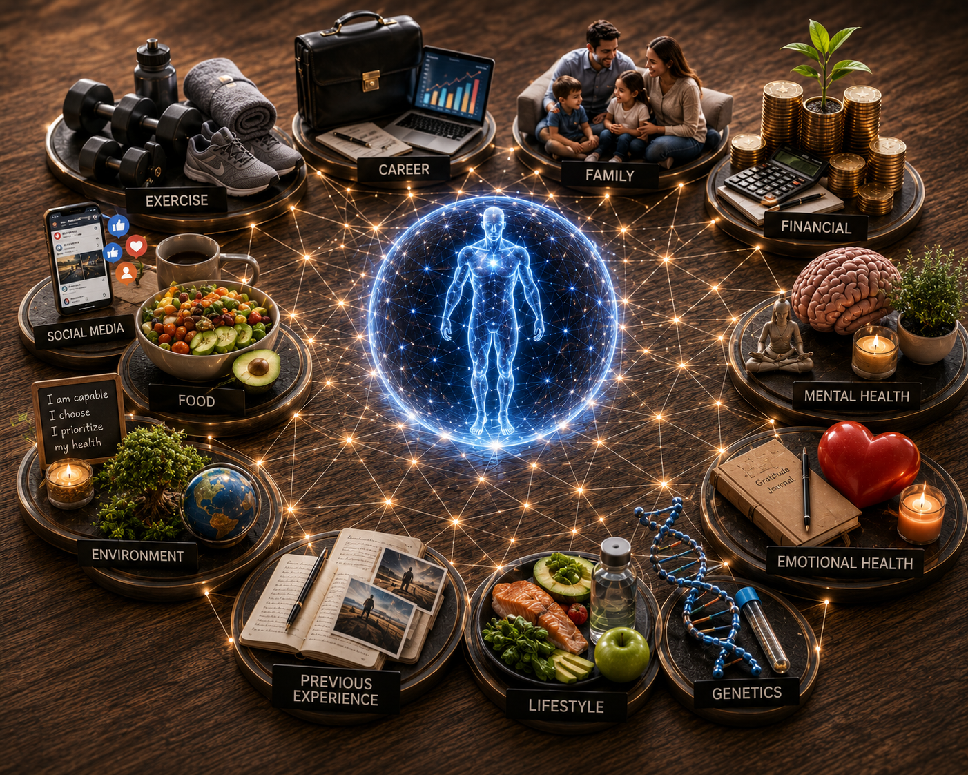 Holistic health factors infographic with a glowing human figure at the center connected to lifestyle, genetics, social, food, exercise, career, family, financial, mental, emotional, environmental, and experiential factors.