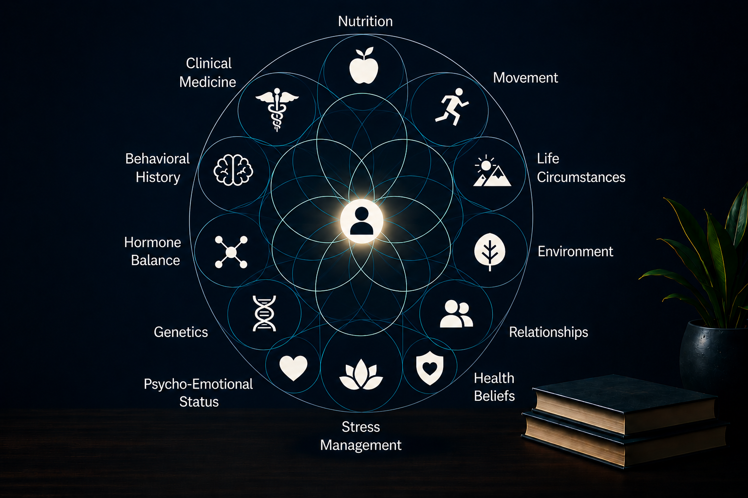 Health factors wheel showing nutrition, movement, life circumstances, environment, relationships, health beliefs, stress management, psycho-emotional status, genetics, hormone balance, behavioral history, and clinical medicine.