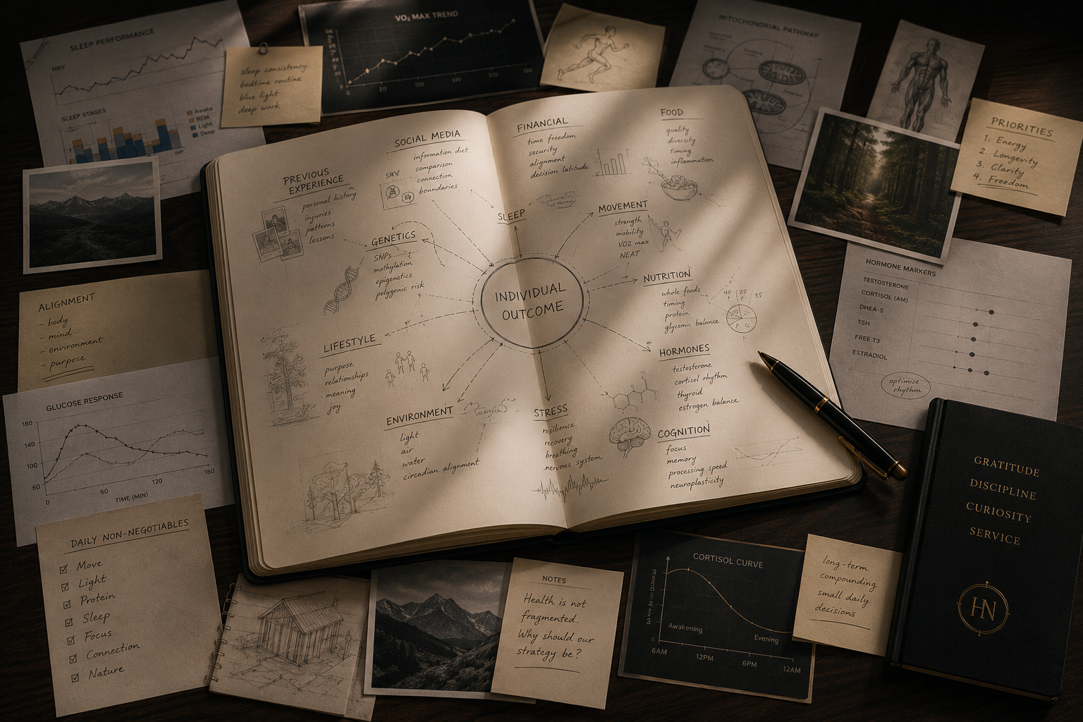 A mind map journal exploring individual health outcomes surrounded by health data, notes, and reflections